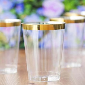 25-Pack Plastic Tumbler Cups 10oz Clear with Gold Rim - Disposable Crystal Drinking Glasses for Parties - Pack of 25 Cups