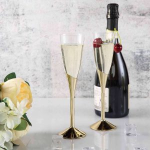 6-Pack Plastic Champagne Flutes 5oz Clear/Gold - Disposable Glasses with Detachable Base